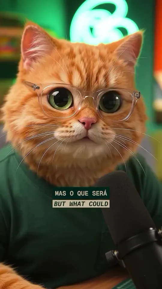 Gato laranja de óculos falando ao microfone, animação em loop